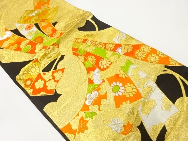 アンティーク　雲に束ね熨斗・花模様織出し袋帯（着用可）